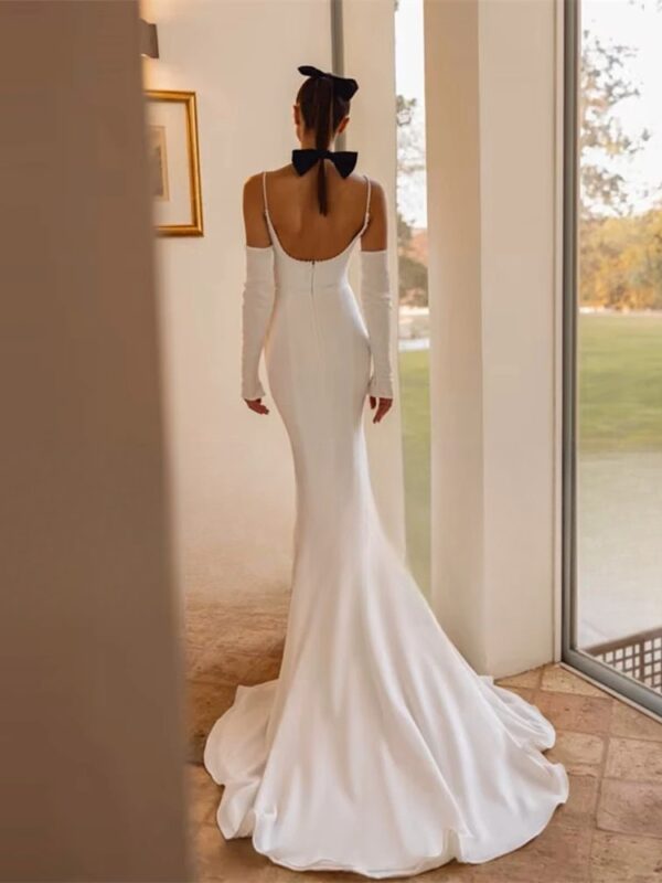 BIGDAY Modern Mermaid Wedding Dress Women Spaghetti Straps Open Back Pleat Boat-Neck Bridal Gown Vestido De Noiva Customized - obrazek 2
