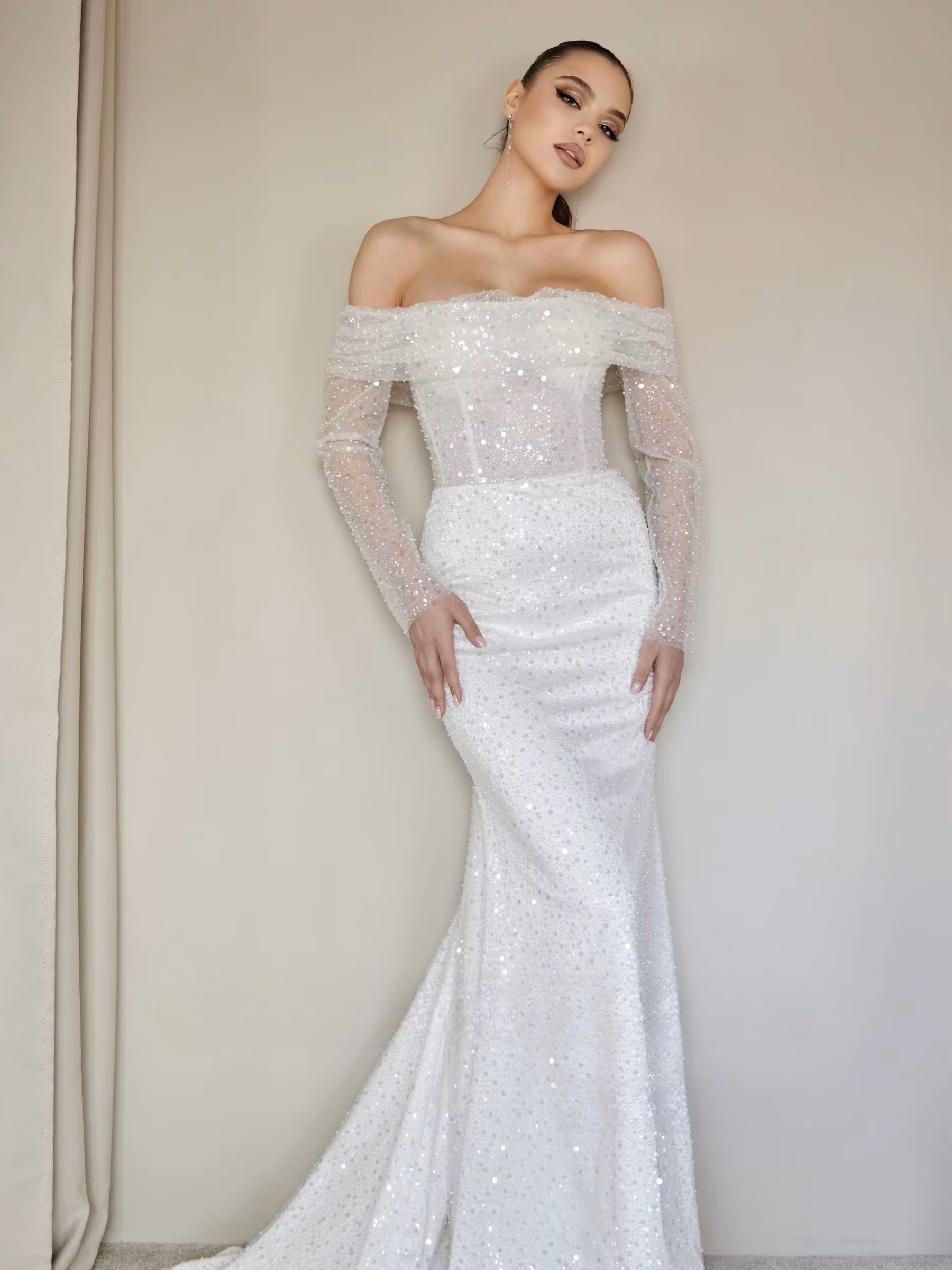 SoDigne Mermaid Glitter Wedding Dresses Off Shoulder Long Sleeves Sequined Bridal Dress Wedding Gown Robe De Mairee Customized 1 SoDigne Mermaid Glitter Wedding Dresses Off Shoulder Long Sleeves Sequined Bridal Dress Wedding Gown Robe De Mairee Customized