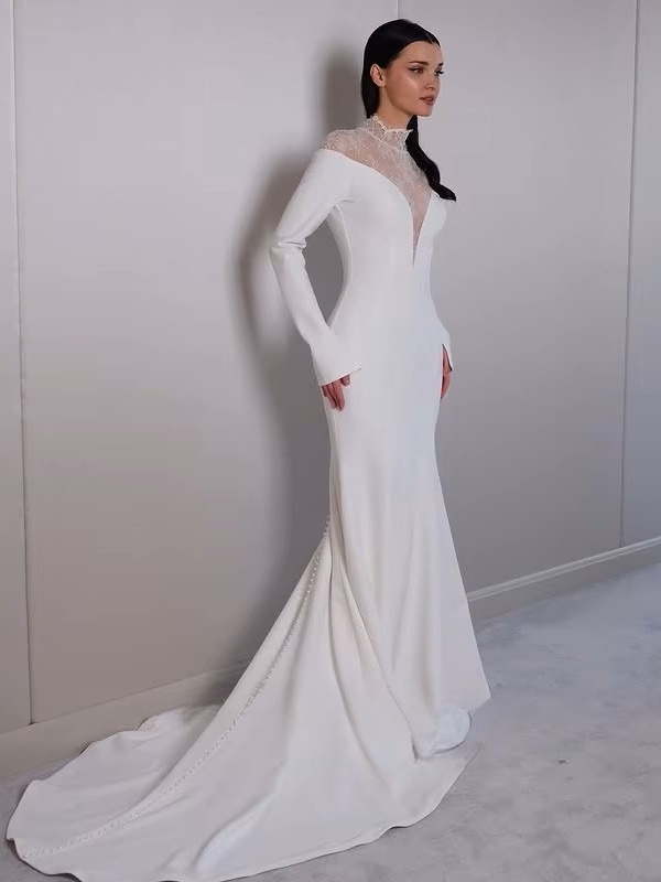 SoDigne Mermaid Lace/Satin Bride Dresses High Neck Full Sleeves Wedding Dress Long Bridal Gowns vestidos de novia Customized 2 SoDigne Mermaid Lace/Satin Bride Dresses High Neck Full Sleeves Wedding Dress Long Bridal Gowns vestidos de novia Customized - obrazek 2
