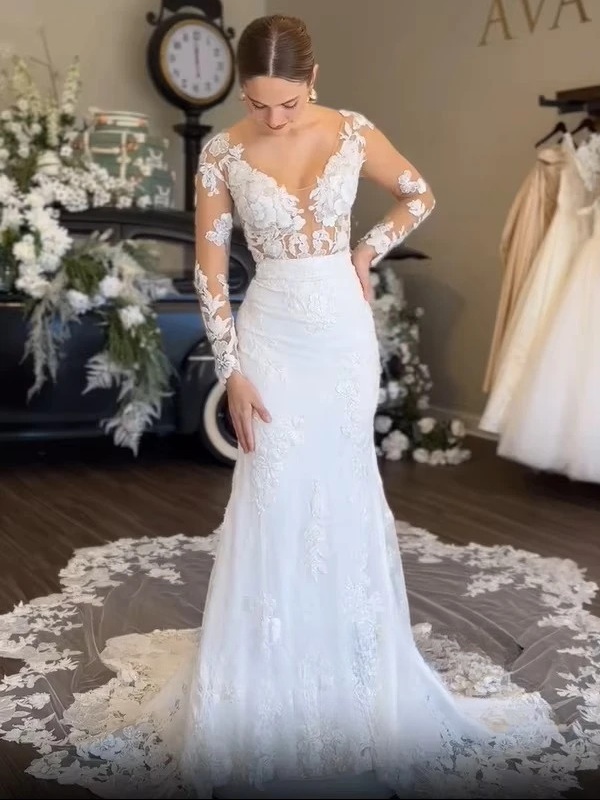 SoDigne Mermaid Boho Wedding Dresses V-neck Full Sleeves Tulle Appliques Bridal Dress Wedding Gown Robe De Mairee Customized 3 SoDigne Mermaid Boho Wedding Dresses V-neck Full Sleeves Tulle Appliques Bridal Dress Wedding Gown Robe De Mairee Customized - obrazek 3