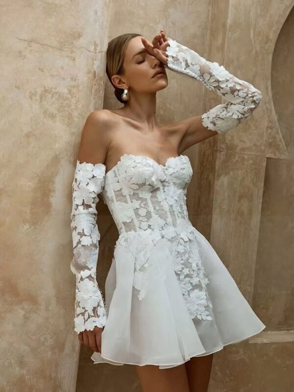 Civil Short Boho Wedding Dresses Appliques Half Sleeve sweetheart Mini Wedding Gowns For Bride Floral Print Robe 2025 Customized - obrazek 2