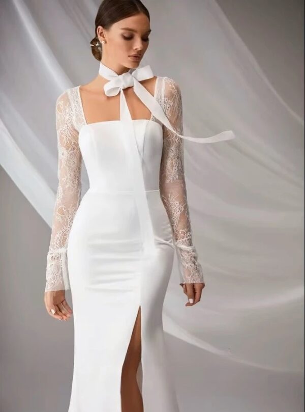 SoDigne Mermaid Elegant Wedding Dress Square Collar Full Sleeves Satin/Lace Bride Dresses Split Bridal Gown Vestido De Noiva - obrazek 2