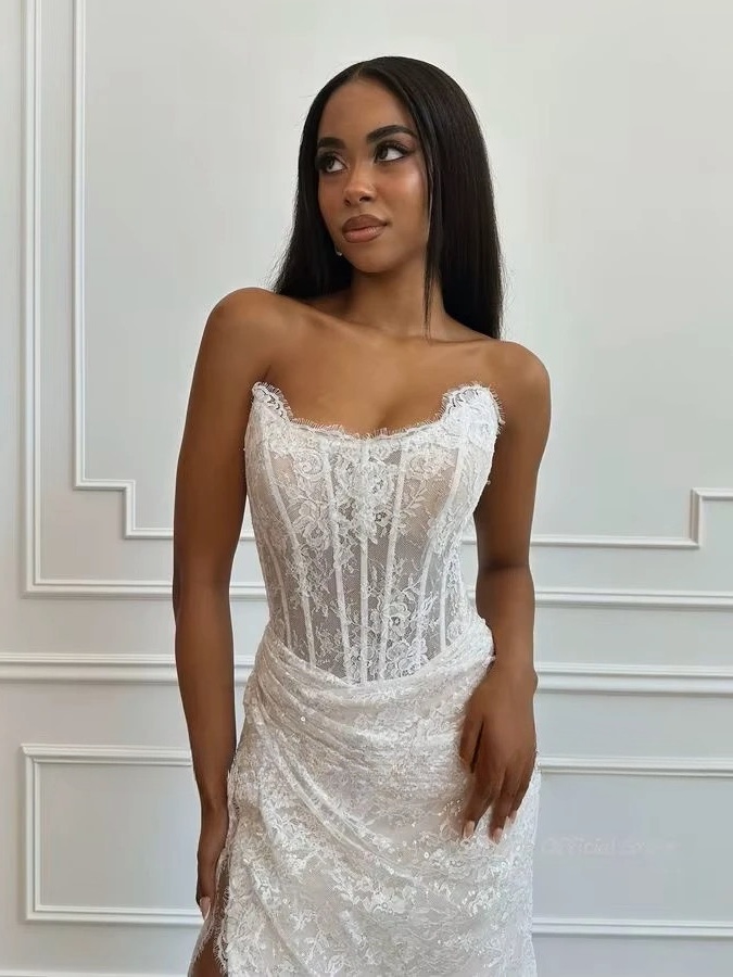 SoDigne Mermaid Lace Wedding Dresses Strapless Sleeveless Bridal Dress Customized Women Split Long Wedding Gown 3 SoDigne Mermaid Lace Wedding Dresses Strapless Sleeveless Bridal Dress Customized Women Split Long Wedding Gown - obrazek 3