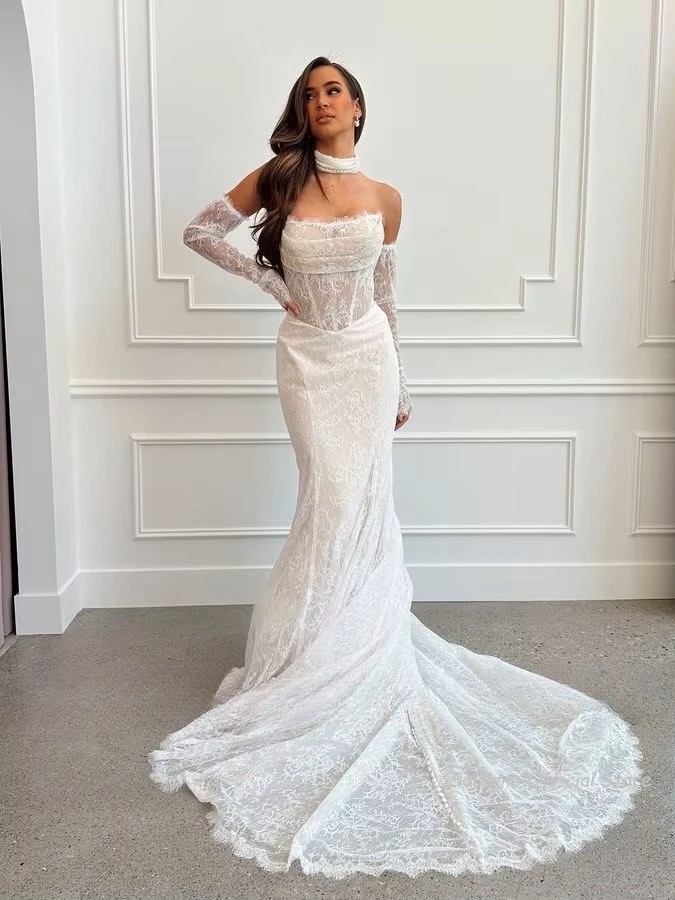 SoDigne Mermaid Lace Beach Wedding Dresses Strapless Detachable Sleeves Bridal Dress Customized Women Long Wedding Gown 1 SoDigne Mermaid Lace Beach Wedding Dresses Strapless Detachable Sleeves Bridal Dress Customized Women Long Wedding Gown