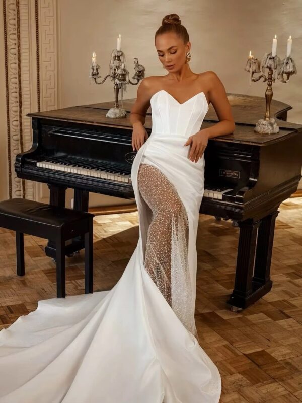 SoDigne Mermaid Satin Bride Dresses V-neck Sleeveless Beading Wedding Dress Long Bridal Gowns vestidos de novia Customized - obrazek 2