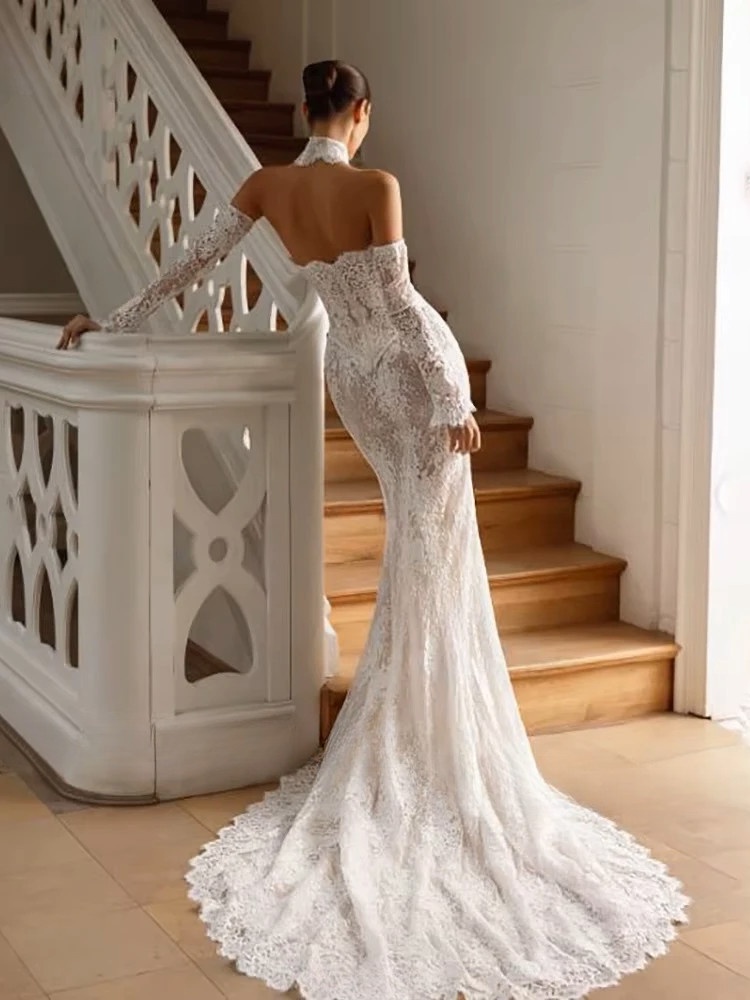 LORIE Vintage Lace Mermaid Wedding Dress Sexy Off Shoulder Long Sleeve Bridal PartryGown Backless Princess Bride Gown Customized 2 LORIE Vintage Lace Mermaid Wedding Dress Sexy Off Shoulder Long Sleeve Bridal PartryGown Backless Princess Bride Gown Customized - obrazek 2