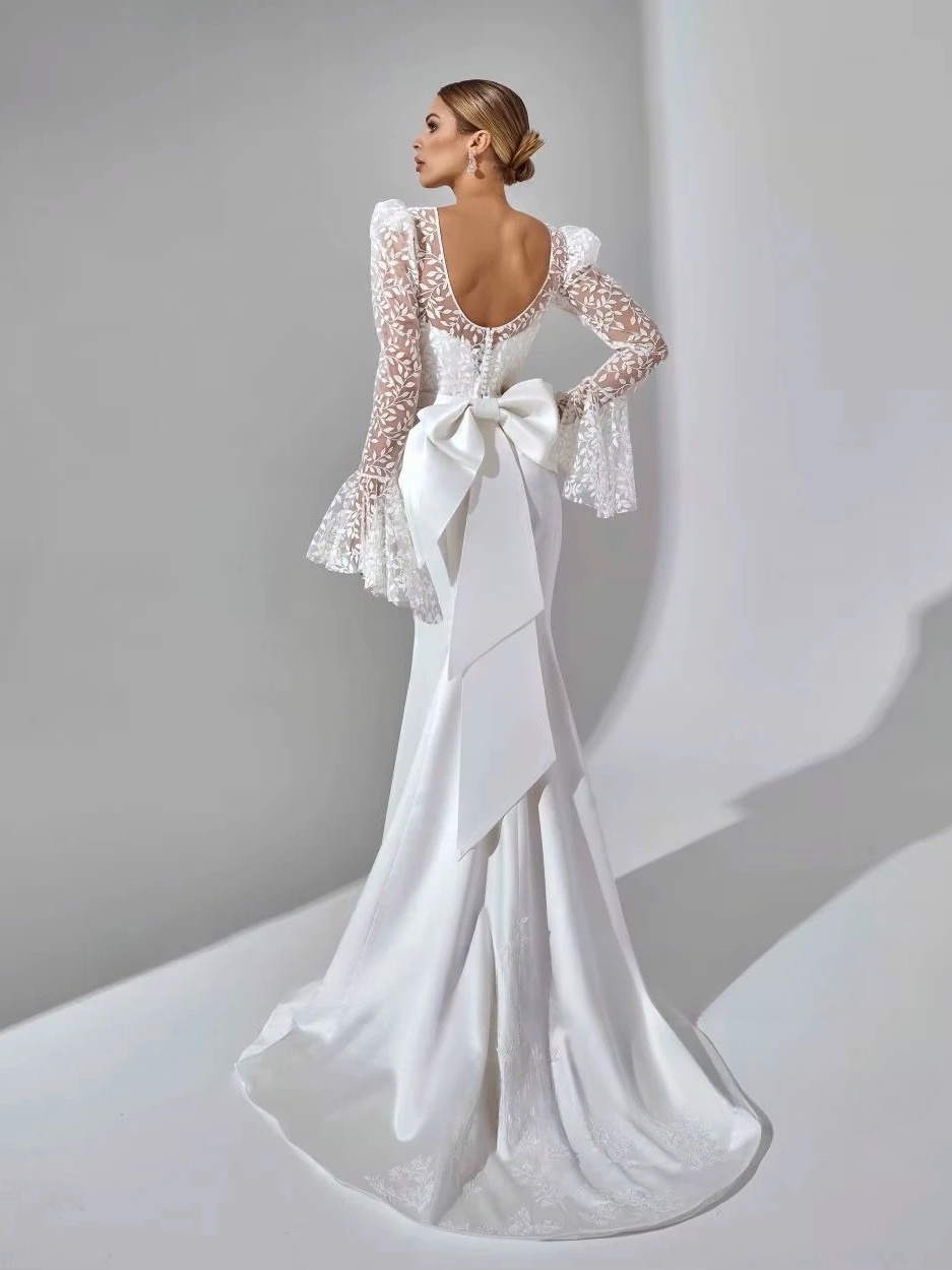 SoDigne Mermaid Satin Bride Dresses Appliques Full Sleeves Wedding Dress Long Bridal Gowns with Bow Robe De Mairee Customized 2 SoDigne Mermaid Satin Bride Dresses Appliques Full Sleeves Wedding Dress Long Bridal Gowns with Bow Robe De Mairee Customized - obrazek 2