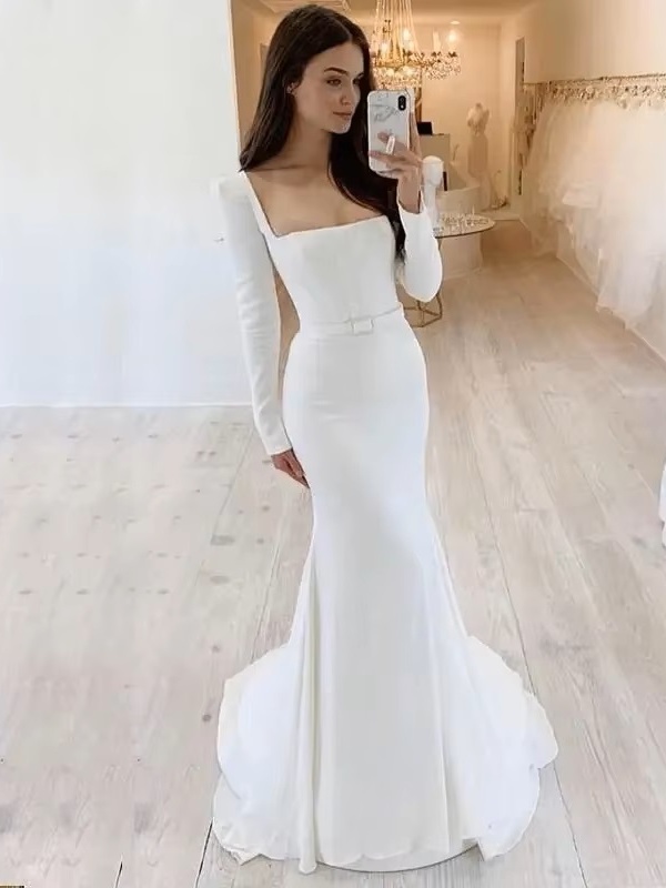 SoDigne Elegant Wedding Dress Mermaid Square Neckline Long Sleeves Backless Satin Bridal Dress Brides Gowns For Women 2 SoDigne Elegant Wedding Dress Mermaid Square Neckline Long Sleeves Backless Satin Bridal Dress Brides Gowns For Women - obrazek 2