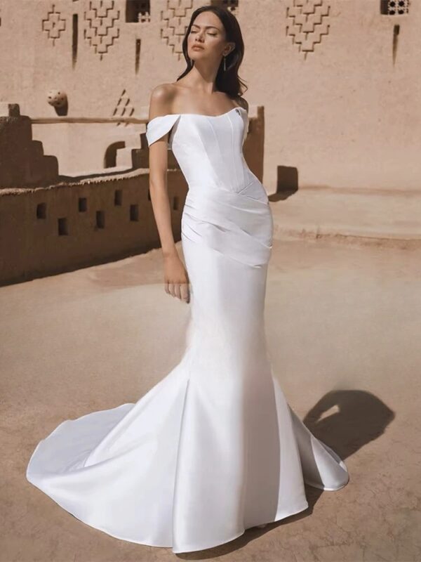 BIGDAY Satin Mermaid Wedding Dress Women 2025 Off The Shoulder Open Back Pleat Boat-Neck Bridal Gown Vestido De Noiva Customized - obrazek 3