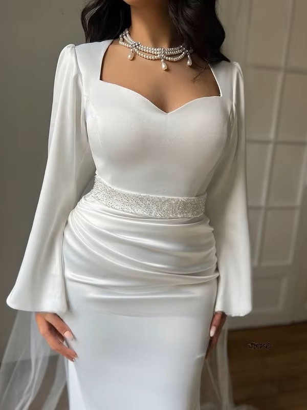 SoDigne Mermaid Satin Wedding Dresses Full Sleeves Sweetheart Elegant Bridal Dress Wedding Gown Bow Robe De Mairee Customized 2 SoDigne Mermaid Satin Wedding Dresses Full Sleeves Sweetheart Elegant Bridal Dress Wedding Gown Bow Robe De Mairee Customized - obrazek 2