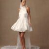 Simple Ivory Satin Mini Wedding Dress Sleeveless Pleat Halter Ball Gown Sexy Backless  with Lace Up Short Bride Dress Customized