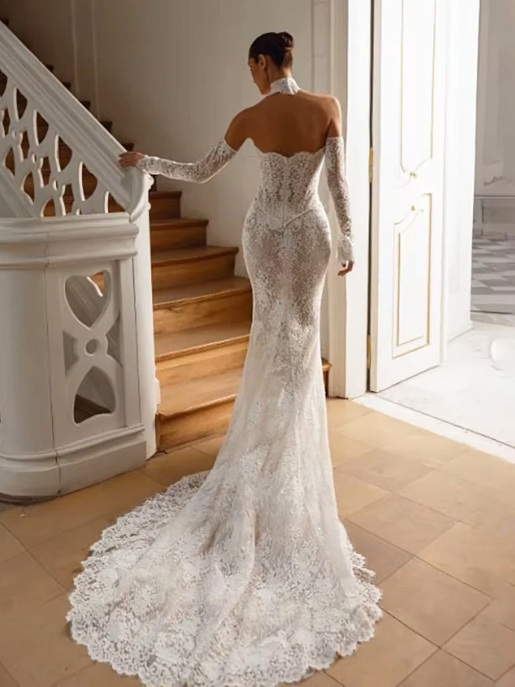 LORIE Vintage Lace Mermaid Wedding Dress Sexy Off Shoulder Long Sleeve Bridal PartryGown Backless Princess Bride Gown Customized 3 LORIE Vintage Lace Mermaid Wedding Dress Sexy Off Shoulder Long Sleeve Bridal PartryGown Backless Princess Bride Gown Customized - obrazek 3