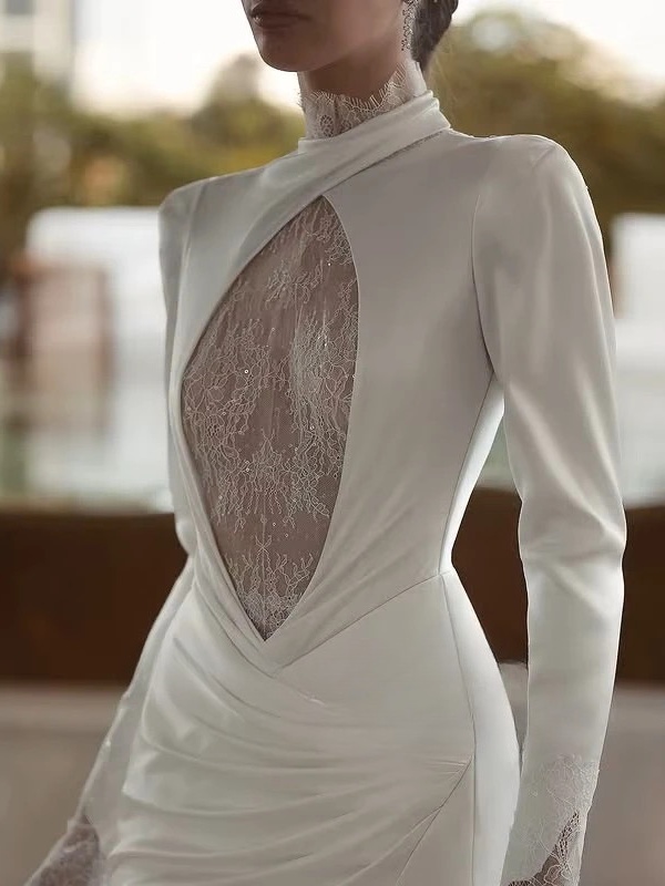 SoDigne Mermaid Wedding Dresses High Neck Full Sleeves Satin/Lace Bridal Dress Long Wedding Gown Robe De Mairee Customized 3 SoDigne Mermaid Wedding Dresses High Neck Full Sleeves Satin/Lace Bridal Dress Long Wedding Gown Robe De Mairee Customized - obrazek 3