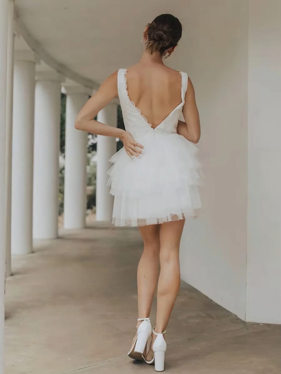 SoDigne Short Tulle Wedding Dresses V-neck Sleeveless Appliques Tiered Bridal Dress 2025 Mini A-line Customized Bride Gown 2 SoDigne Short Tulle Wedding Dresses V-neck Sleeveless Appliques Tiered Bridal Dress 2025 Mini A-line Customized Bride Gown - obrazek 2