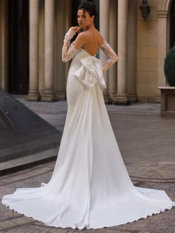 BIGDAY Modern Mermaid Wedding Dress Women Long Lace Sleeves Bow Strapless Open Back Bridal Gown Vestidos De Noiva Customized - obrazek 2