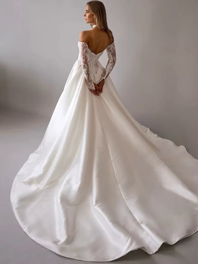 LORIE Vintage Lace Wedding Dress A-Line Off Shoulder Applique Long Sleeve Bridal Gown Princess Slit Corset Bride Gown Customized 2 LORIE Vintage Lace Wedding Dress A-Line Off Shoulder Applique Long Sleeve Bridal Gown Princess Slit Corset Bride Gown Customized - obrazek 2