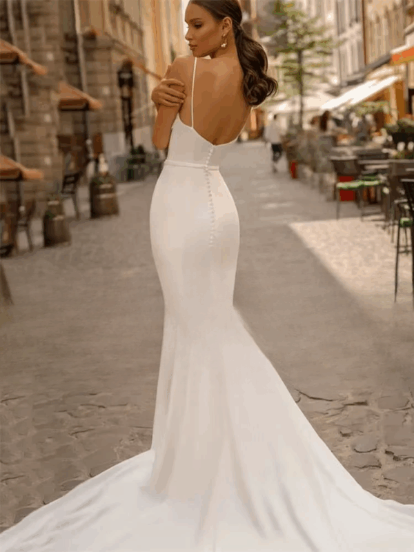 Elegant Mermaid Wedding Dresses Spaghetti Straps Boat-Neck Backless Pleat Bridal Gown Sweep Train Vestidos De Noiva Customized - obrazek 2