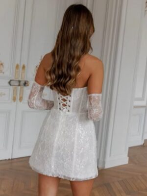Simple A-Line Mini White Wedding Dress Sexy Strapless Formal Pleat Shiny Sequined Sleeveless Vintage Backless Short Customized 5 Sca6eca02f3c643a58f7e485e0a0a36d4K Cropped