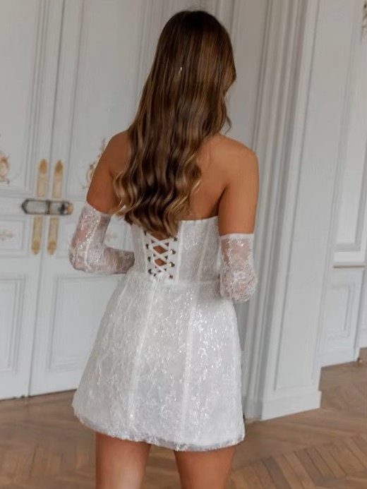 Simple A-Line Mini White Wedding Dress Sexy Strapless Formal Pleat Shiny Sequined Sleeveless Vintage Backless Short Customized 3 Simple A-Line Mini White Wedding Dress Sexy Strapless Formal Pleat Shiny Sequined Sleeveless Vintage Backless Short Customized - obrazek 3