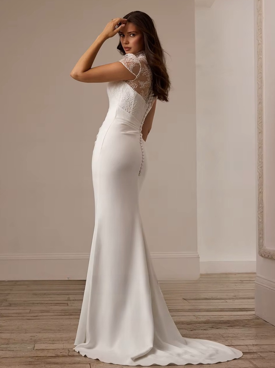 SoDigne Mermaid Lace/Satin Bride Dresses High Neck Short Sleeves Wedding Dress Long Bridal Gowns vestidos de novia Customized 2 SoDigne Mermaid Lace/Satin  Bride Dresses High Neck Short Sleeves Wedding Dress Long Bridal Gowns vestidos de novia Customized - obrazek 2