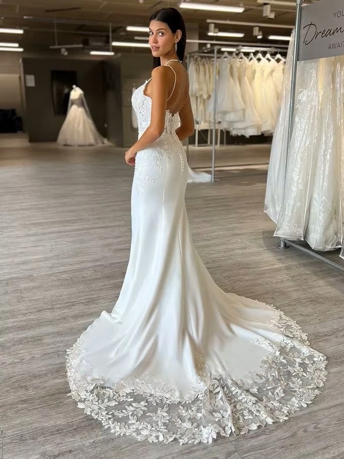 SoDigne Mermaid Satin Boho Wedding Dresses Sleeveless Strapless Appliques Bridal Dress Long Wedding Gown Custom Made  2 SoDigne Mermaid Satin Boho Wedding Dresses Sleeveless Strapless Appliques Bridal Dress Long Wedding Gown Custom Made  - obrazek 2