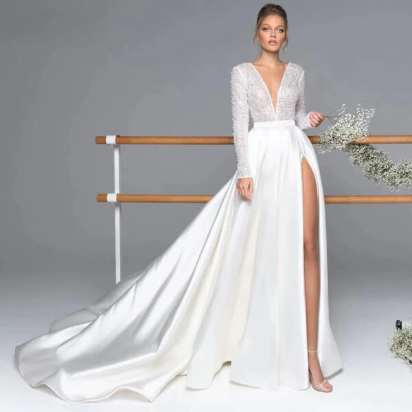 Luxury Long Sleeve Satin Wedding Dress Deep V-Neck Side Split Bridal Gown Vestido De Novia Train Vestidos De Novia Customized - obrazek 4