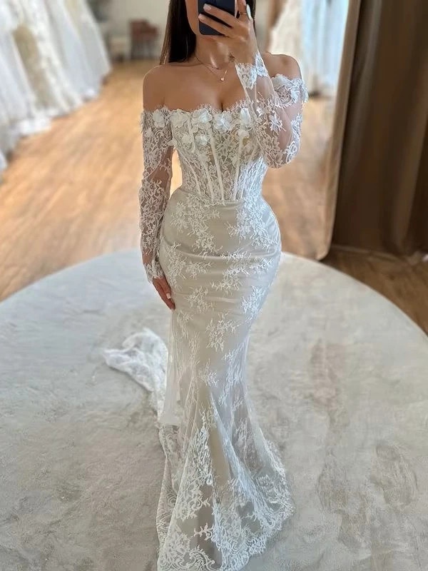 SoDigne Mermaid Lace Wedding Dresses Off Shoulder Long Sleeves Bridal Dress Boho Wedding Gown Robe De Mairee Customized 2 SoDigne Mermaid Lace Wedding Dresses Off Shoulder Long Sleeves Bridal Dress Boho Wedding Gown Robe De Mairee Customized - obrazek 2