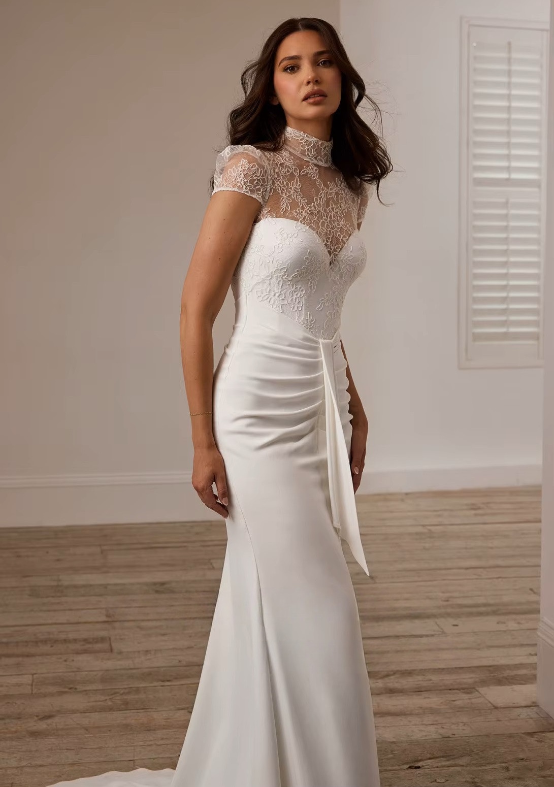 SoDigne Mermaid Lace/Satin Bride Dresses High Neck Short Sleeves Wedding Dress Long Bridal Gowns vestidos de novia Customized 3 SoDigne Mermaid Lace/Satin  Bride Dresses High Neck Short Sleeves Wedding Dress Long Bridal Gowns vestidos de novia Customized - obrazek 3