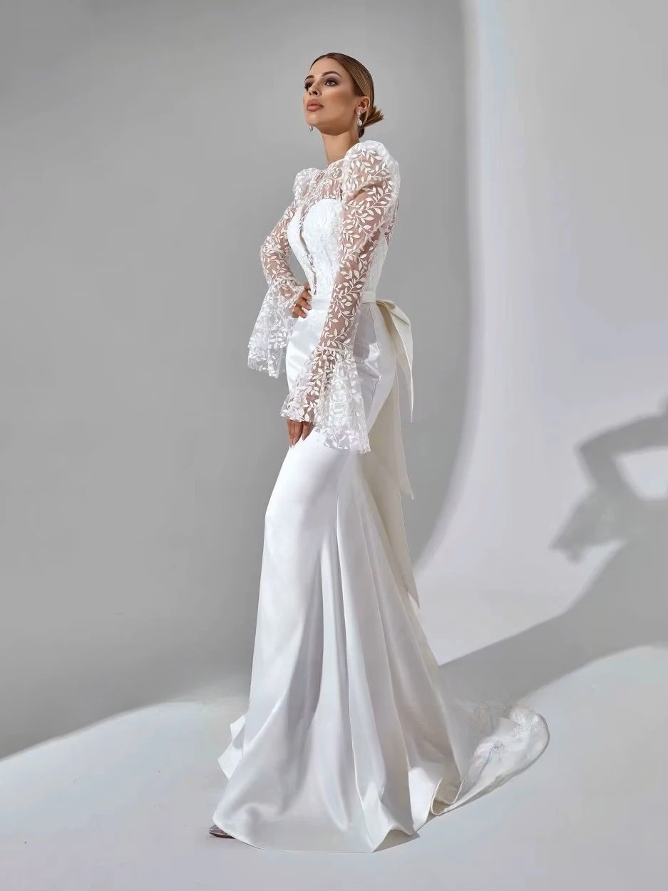 SoDigne Mermaid Satin Bride Dresses Appliques Full Sleeves Wedding Dress Long Bridal Gowns with Bow Robe De Mairee Customized 3 SoDigne Mermaid Satin Bride Dresses Appliques Full Sleeves Wedding Dress Long Bridal Gowns with Bow Robe De Mairee Customized - obrazek 3