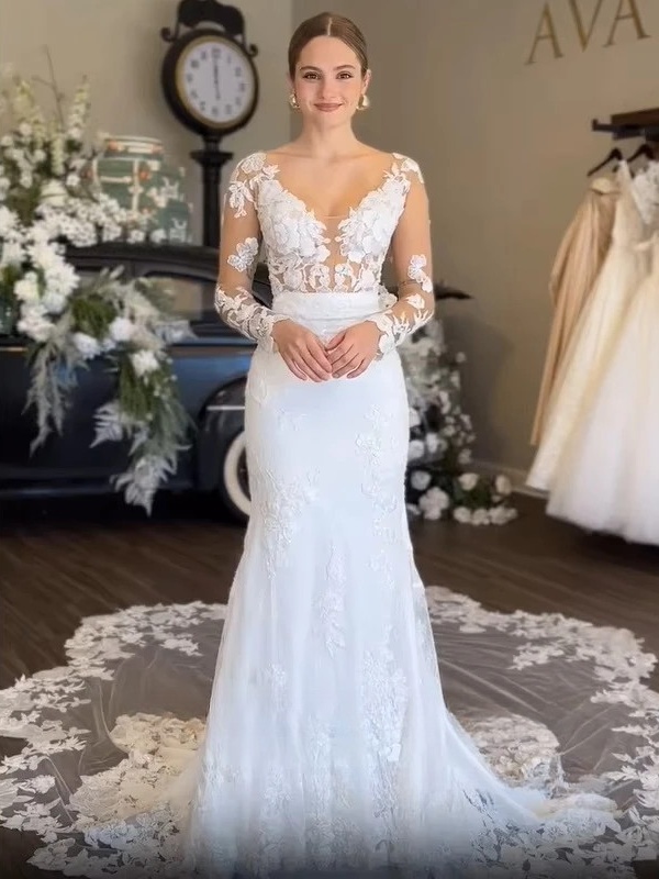 SoDigne Mermaid Boho Wedding Dresses V-neck Full Sleeves Tulle Appliques Bridal Dress Wedding Gown Robe De Mairee Customized 2 SoDigne Mermaid Boho Wedding Dresses V-neck Full Sleeves Tulle Appliques Bridal Dress Wedding Gown Robe De Mairee Customized - obrazek 2