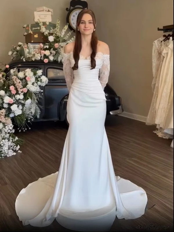 SoDigne Mermaid Satin/Lace Wedding Dresses Off Shoulder Long Sleeves Bridal Dress 2026 Bride Gown vestidos de novia Customized 2 SoDigne Mermaid Satin/Lace Wedding Dresses Off Shoulder Long Sleeves Bridal Dress 2026 Bride Gown vestidos de novia Customized - obrazek 2