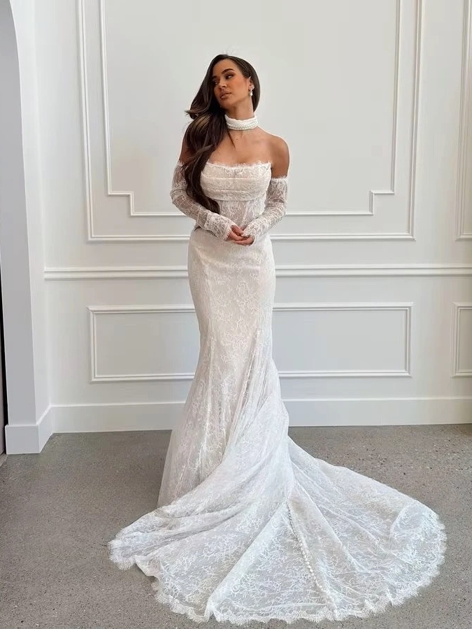 SoDigne Mermaid Lace Beach Wedding Dresses Strapless Detachable Sleeves Bridal Dress Customized Women Long Wedding Gown 2 SoDigne Mermaid Lace Beach Wedding Dresses Strapless Detachable Sleeves Bridal Dress Customized Women Long Wedding Gown - obrazek 2