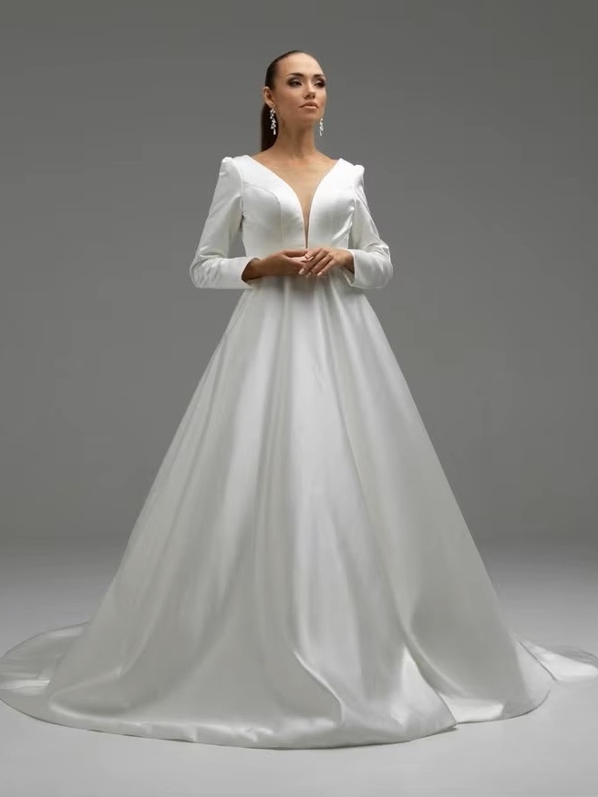 SoDigne A-line Satin Wedding Dresses V-neck Full Sleeves Bride Dress Elegant Long Wedding Gown vestidos de novia Customized 1 SoDigne A-line Satin Wedding Dresses V-neck Full Sleeves Bride Dress Elegant Long Wedding Gown vestidos de novia Customized