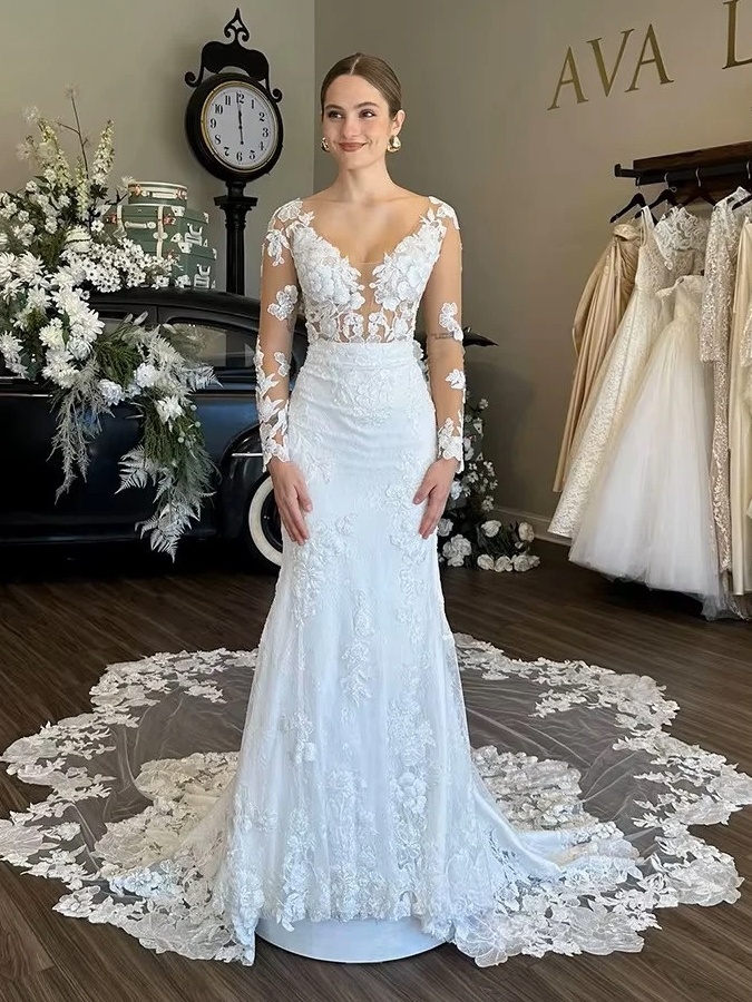 SoDigne Mermaid Boho Wedding Dresses V-neck Full Sleeves Tulle Appliques Bridal Dress Wedding Gown Robe De Mairee Customized 1 SoDigne Mermaid Boho Wedding Dresses V-neck Full Sleeves Tulle Appliques Bridal Dress Wedding Gown Robe De Mairee Customized