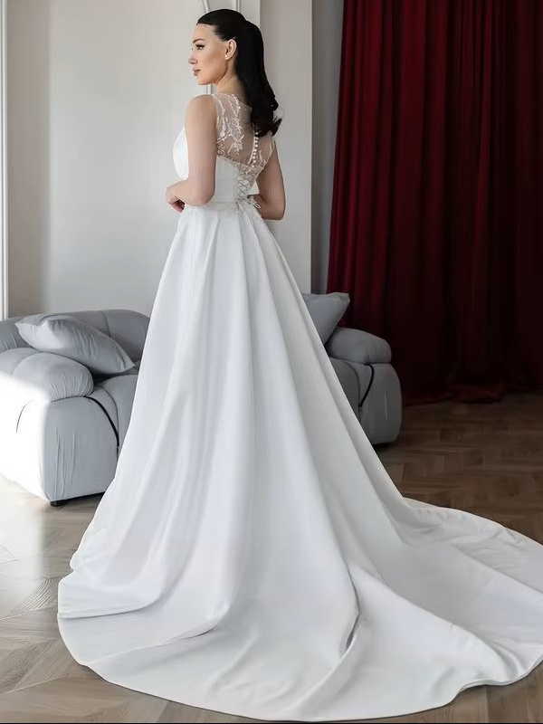 SoDigne A-line Satin Appliques Bride Dresses O-neck Sleeveless Wedding Dress Long Bridal Gowns vestidos de novia Customized 2 SoDigne A-line Satin Appliques Bride Dresses O-neck Sleeveless Wedding Dress Long Bridal Gowns vestidos de novia Customized - obrazek 2